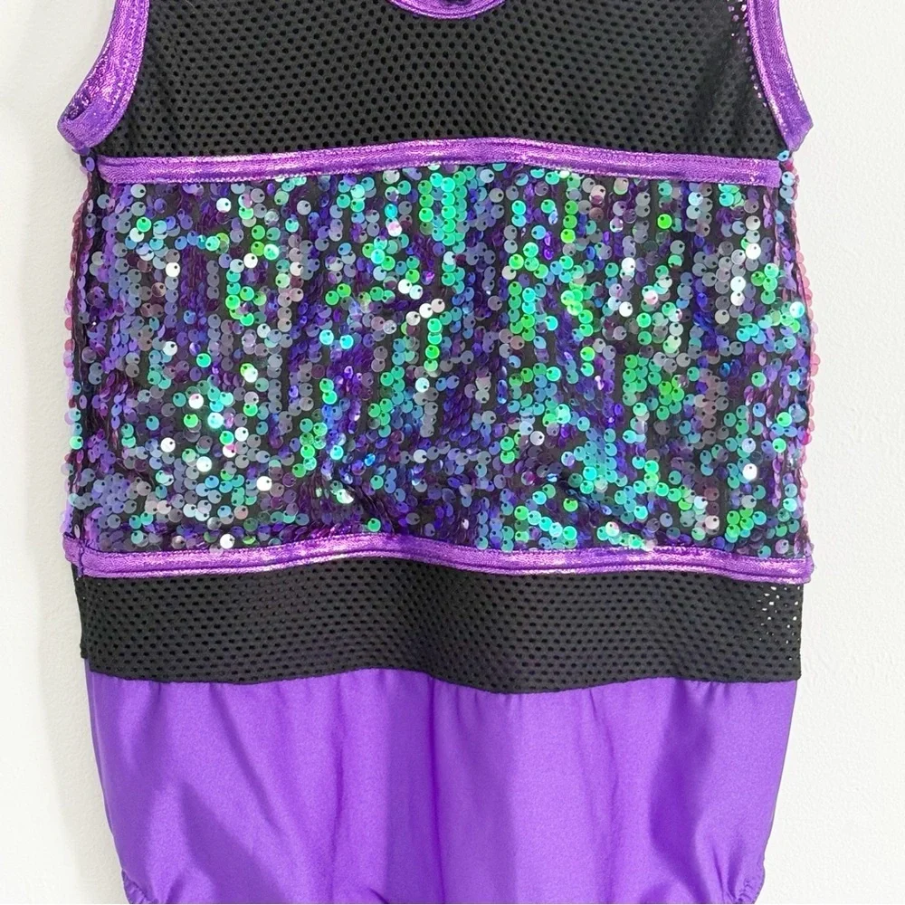 A WISH COME TRUE Kid’s Purple Black Sequin Leotard Mesh Inserts Size Child’s XL